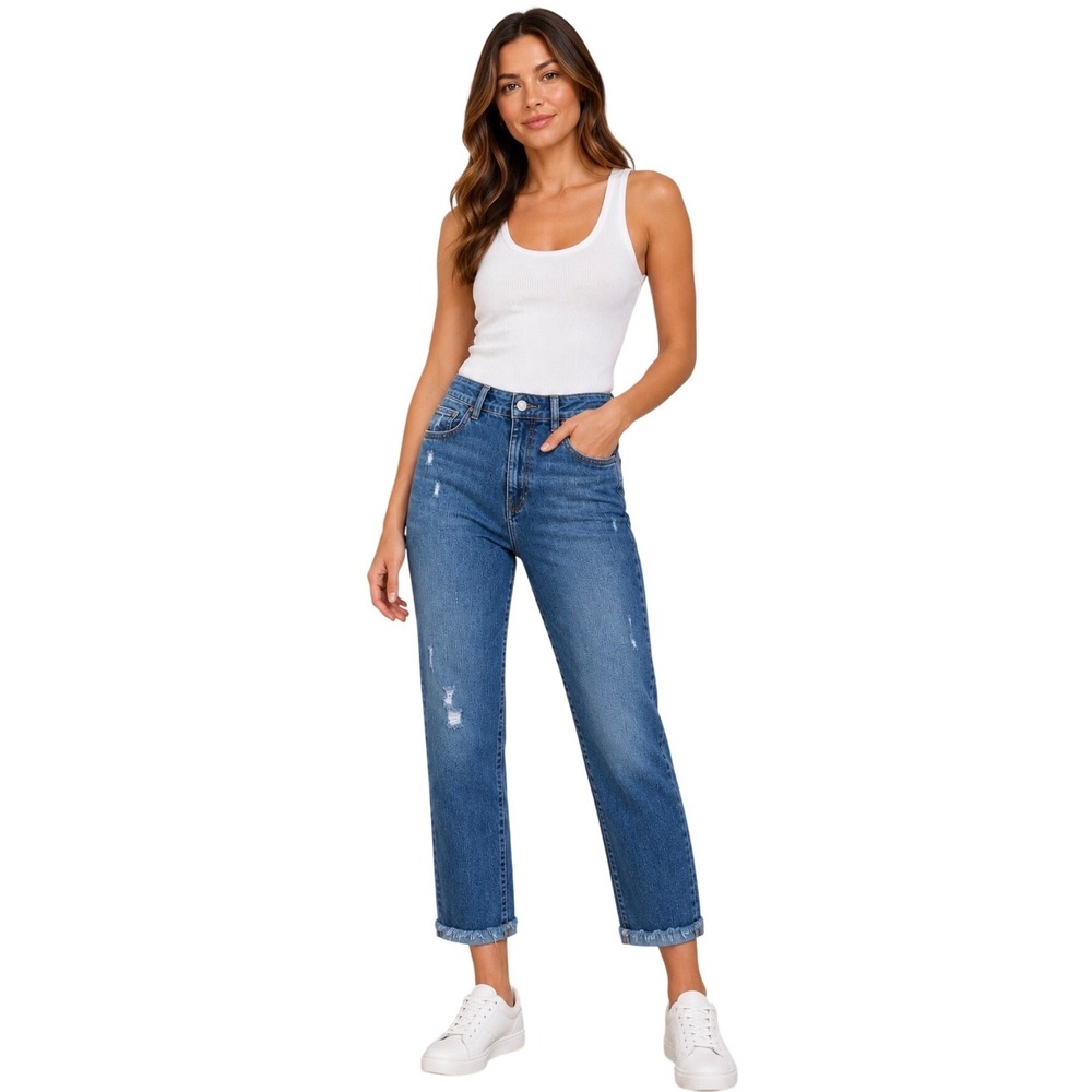 DL1961 Mara Ankle High Rise Straight Jeans in Ravine Blue Distressed Denim 29